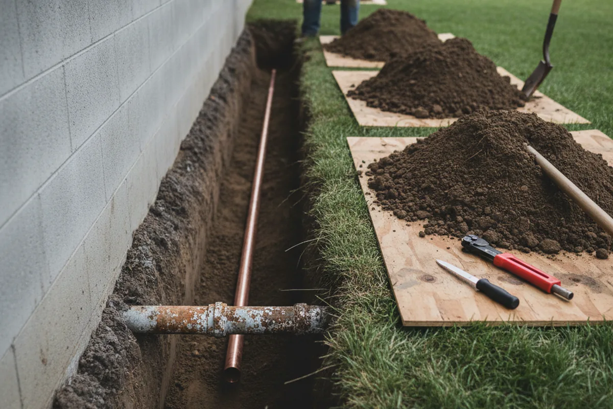 Excavated water line trench during Water Softener Installation in Danville